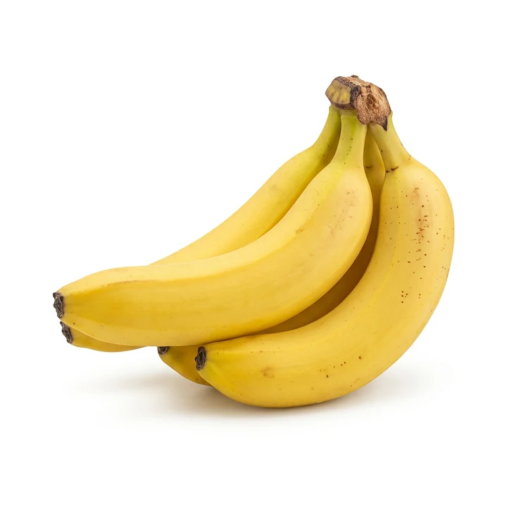 The same bananas on pure white after Foca AI — vibrant, fresh, true color, soft shadow