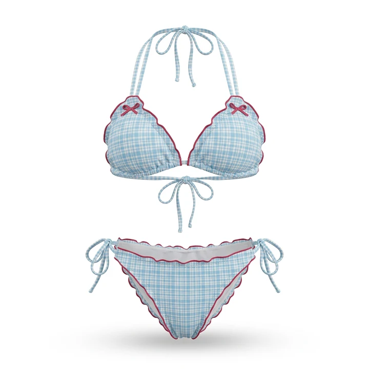 The same bikini set on pure white background after Foca AI: true gingham color, shape held, soft shadow