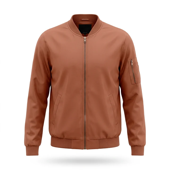 The same bomber jacket on pure white after Foca AI — clean shape, true color, no hotspots