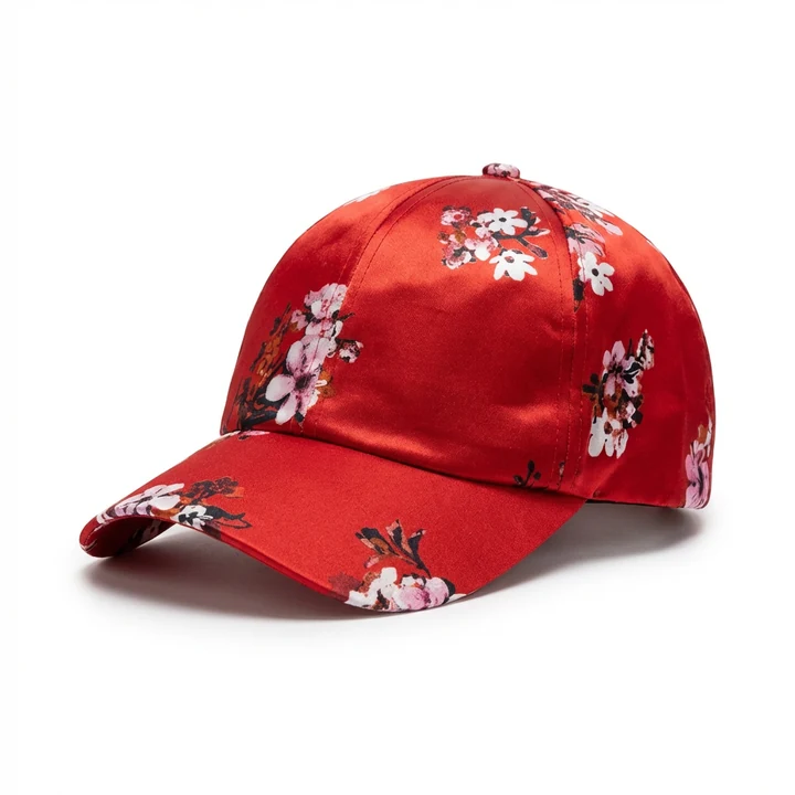 The same floral cap on pure white after Foca AI — verify the floral print stays true