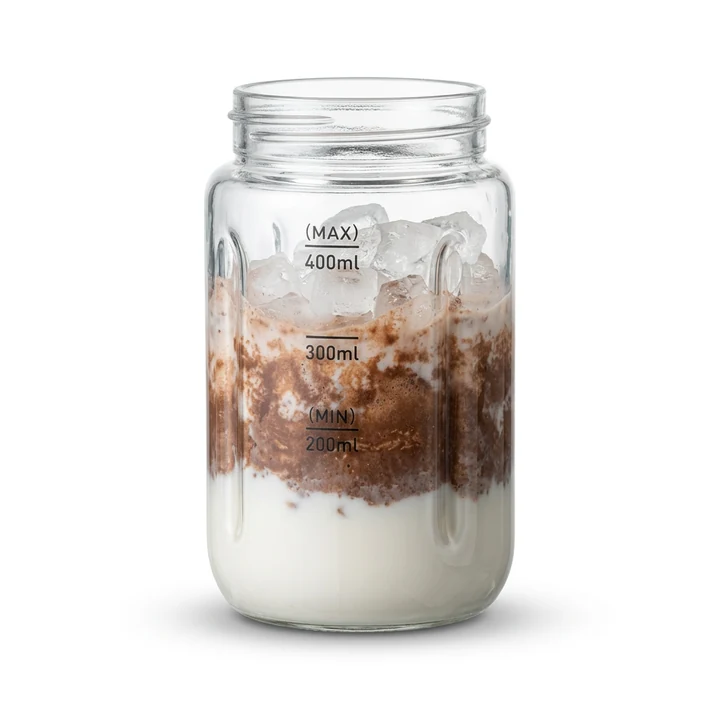 The same coffee jar on pure white after Foca AI: label straight and legible, glass clear, clean edges