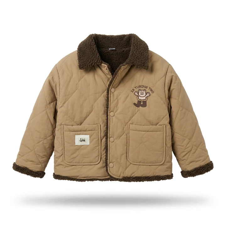The same quilted jacket on pure white after Foca AI — clean, filled-out ghost-mannequin shape