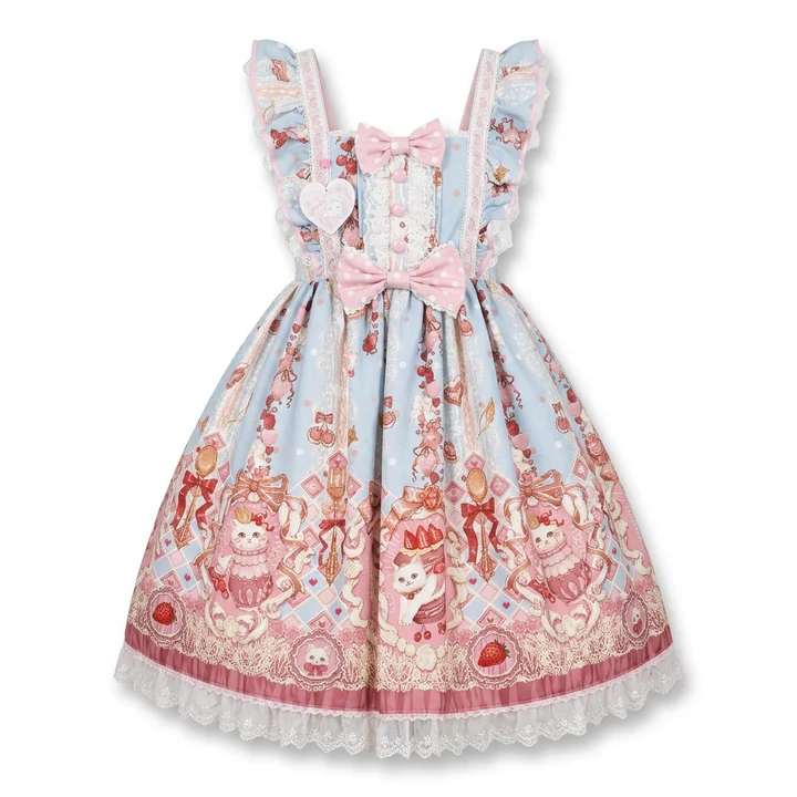 The same Lolita dress on pure white after Foca AI — busy print, bows and lace preserved