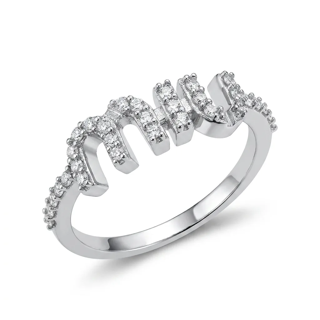 The same pavé nameplate ring on pure white after Foca AI — every small stone stays crisp