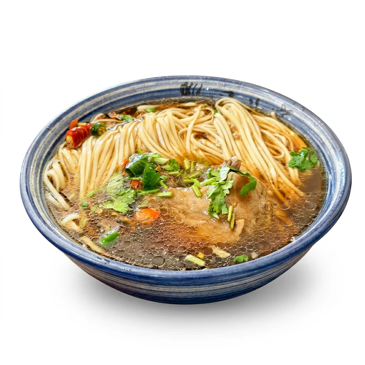 The same noodle bowl on pure white after Foca AI — appetizing, true color, clean menu photo