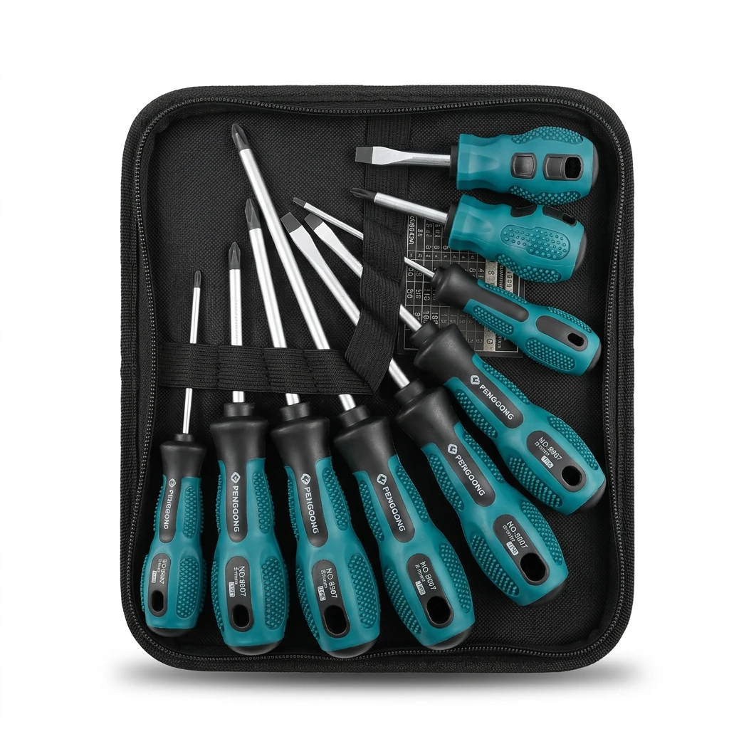 The same screwdriver set on pure white after Foca AI, with clean edges and each tool clearly visible