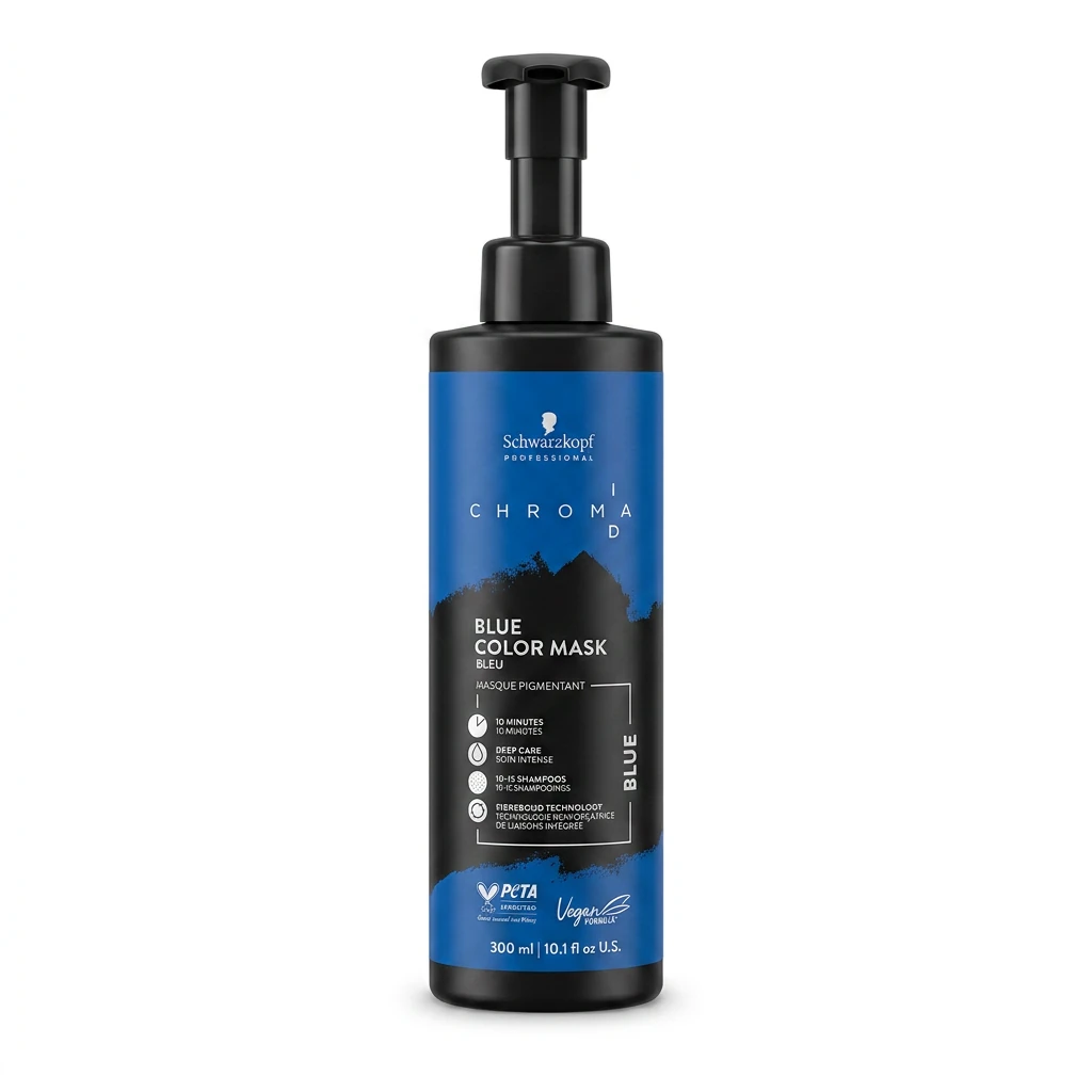 The same blue shampoo color mask bottle on pure white after Foca AI, with straight label, true color, and soft shadow