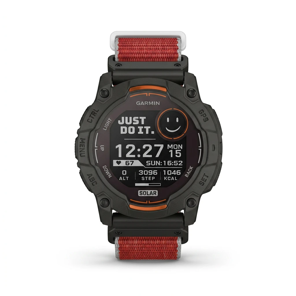 The same smartwatch on pure white after Foca AI: screen legible, strap color true, clean edges and soft shadow