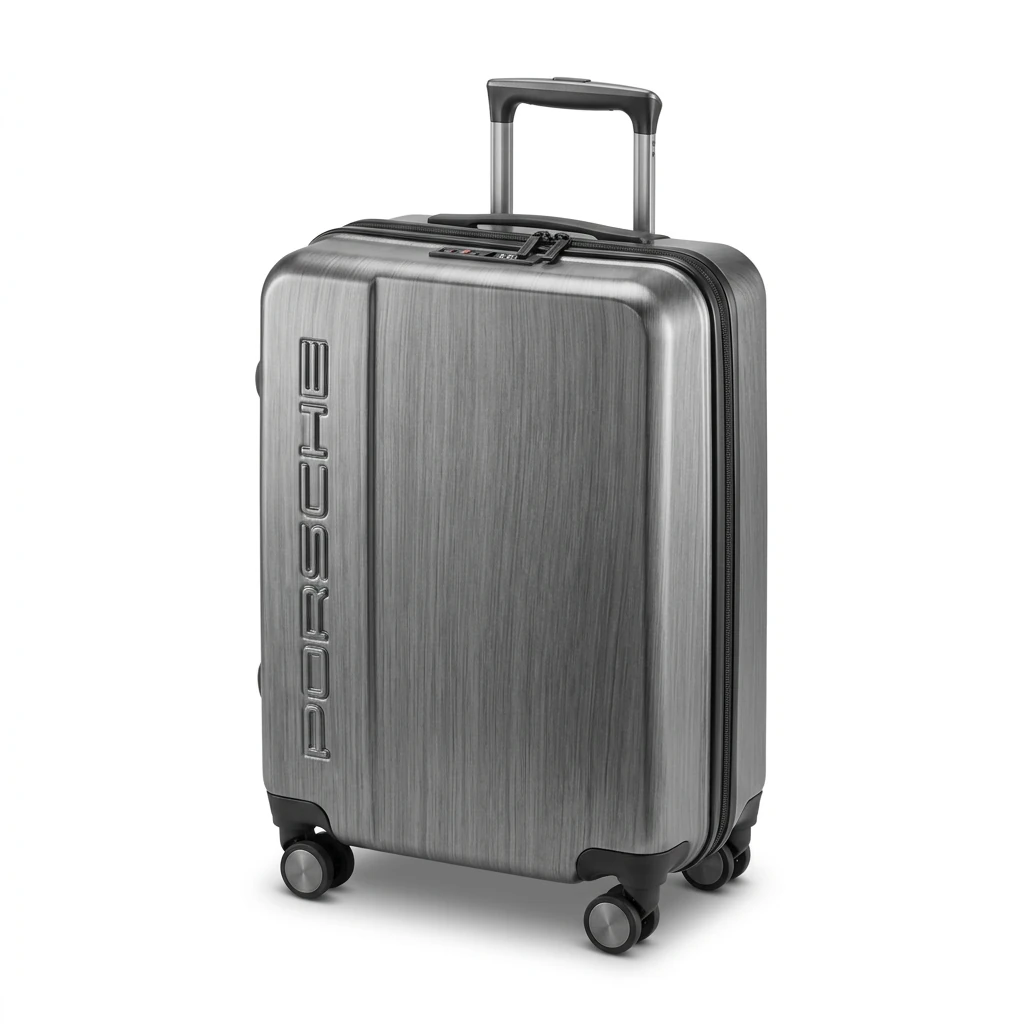The same hard-shell suitcase on pure white after Foca AI: even brushed-metal finish, clean edges, wheels and handle intact