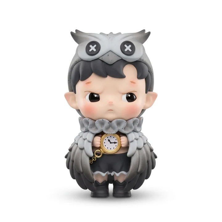 The same owl figure on pure white after Foca AI — crisp grey paint, the gold clock detail kept, soft shadow