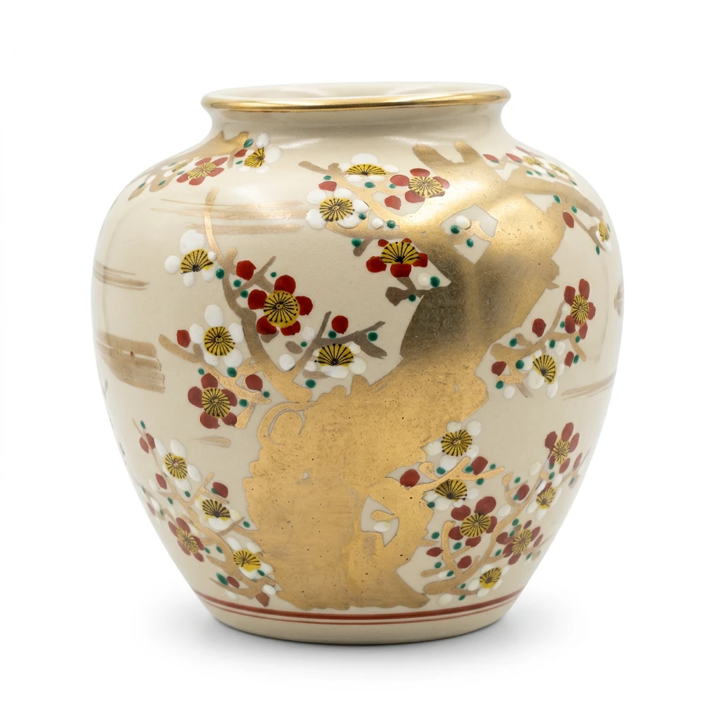 The same decorative ceramic vase on pure white after Foca AI, with clean edges, visible gold detail, and a soft shadow