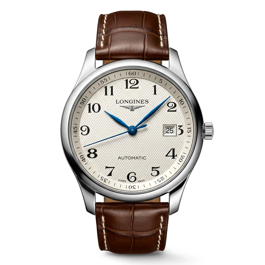 The same watch on pure white after Foca AI: crystal glare tamed, dial legible, leather strap true to color