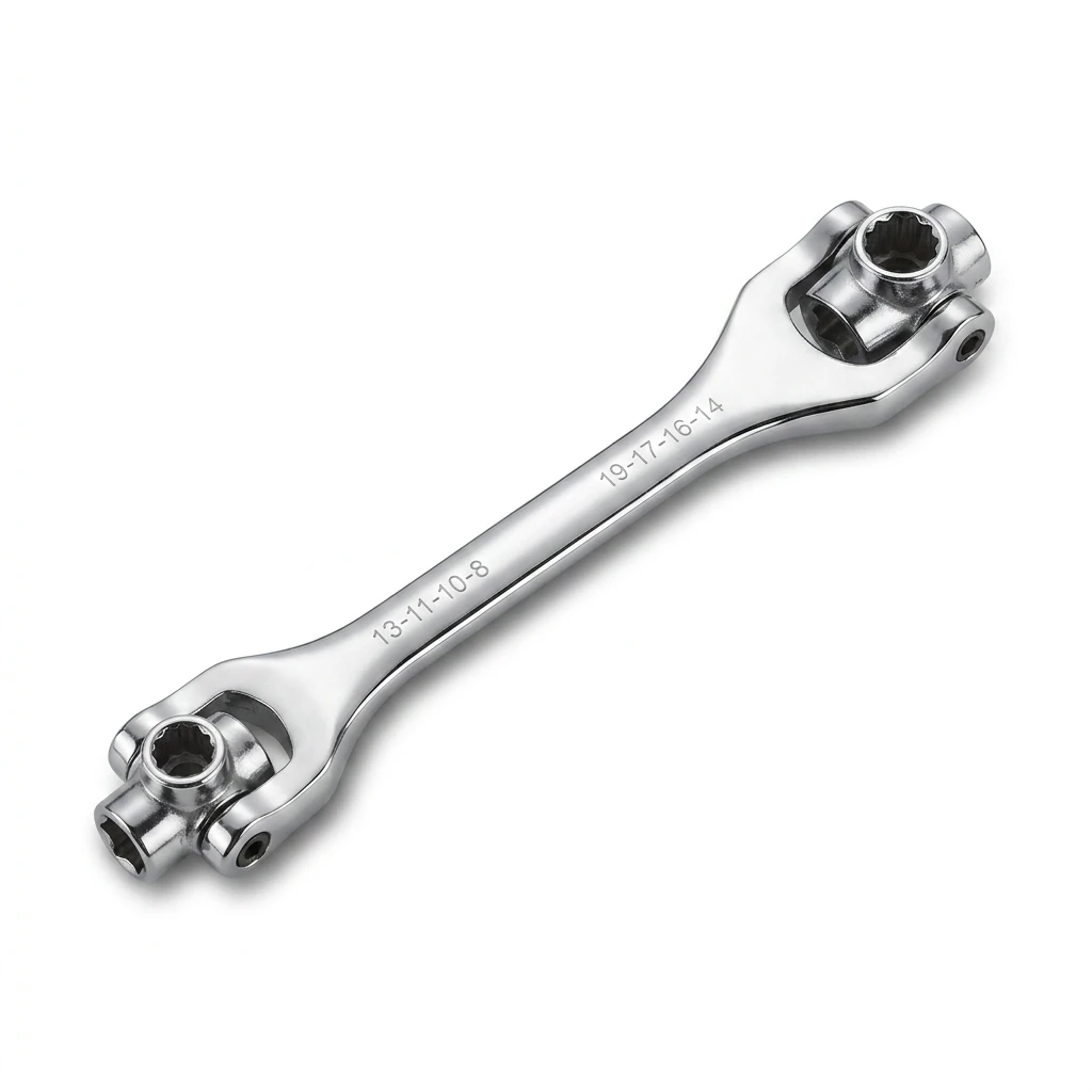 The same chrome wrench on pure white after Foca AI: reflections evened out, edges sharp, every socket readable